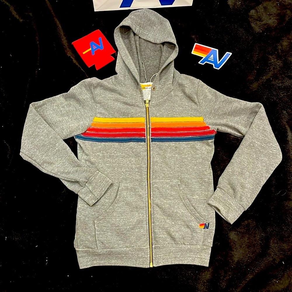 Aviator Nation Kids Gray Zip Hoodie with Yellow Red Blue Stripe